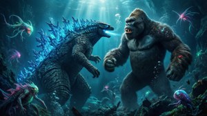 哥吉拉與金剛在水下戰鬥，周圍有發光的外星生物。 — 哥吉拉大戰金剛 壁紙