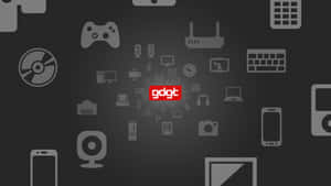 灰色科技圖示在深色背景上環繞著紅色 gdgt 標誌。 — 網站 壁紙