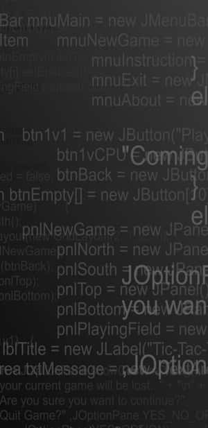 Java 程式碼片段，帶有在深色背景上發光的「Coming Soon」文字。 — 低對比 壁紙