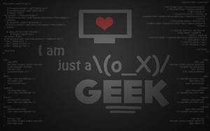 帶有程式碼背景和紅色愛心的數位圖形，文字寫著「I am just a geek」。 — 暗黑美學電腦 壁紙