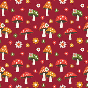 紅色背景上色彩繽紛的蘑菇和花朵圖案。 — iPad (A16) 壁紙