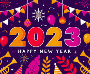 2023年新年快樂圖形，帶有氣球、五彩紙屑和派對裝飾。 — 新年 壁紙