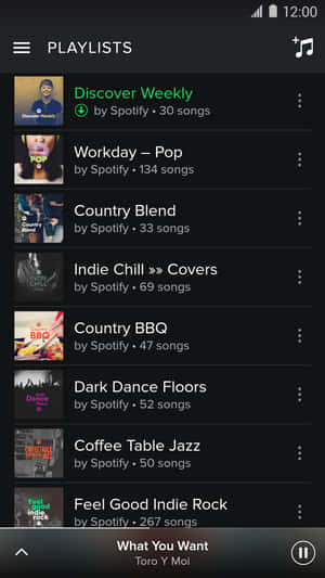 Spotify應用程式顯示精選音樂播放清單列表，附有封面藝術和歌曲數量。 — Spotify 壁紙