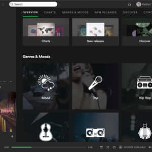 音樂串流應用程式儀表板，包含類型和心情類別。 — Spotify 壁紙