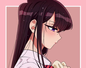 深色頭髮和紫色眼睛的動漫女孩臉紅地向下看。 — 日本動漫 壁紙