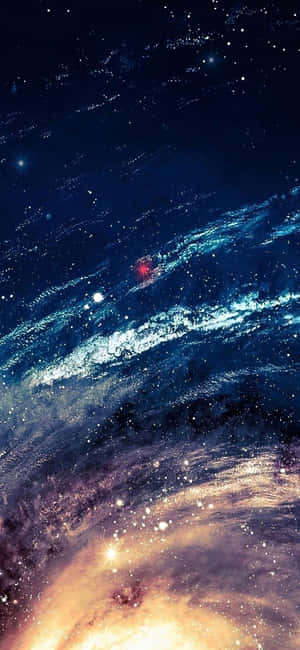 充滿活力的宇宙星雲，帶有旋轉的藍色和金色雲彩以及發光的星星。 — Galaxy A56 壁紙