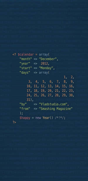 PHP 程式碼片段，顯示 2012 年 12 月日曆及新年快樂註解。 — 低對比 壁紙