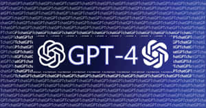深藍色背景上帶有重複文字圖案、發光白色文字和符號的 GPT-4 標誌。 — Pixel 4 壁紙