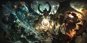 奇幻戰士與惡魔在熾熱混亂的場景中戰鬥。 — 傳說對決英雄 壁紙
