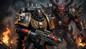 一名混沌星際戰士與他的惡魔機甲散播恐懼。