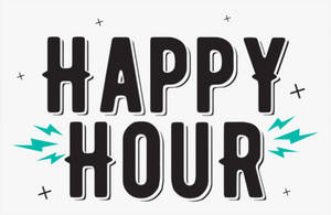 淺灰色背景上帶有青綠色閃電和加號的Happy Hour文字。 — 歡樂時光 壁紙