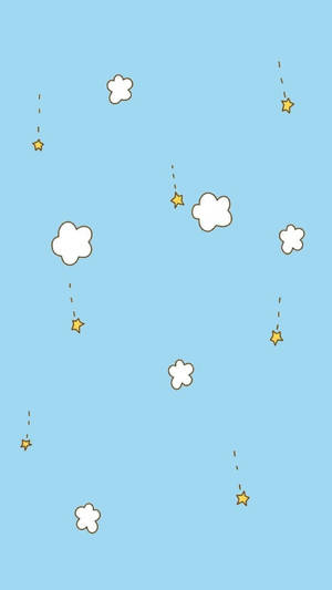 藍色天空，白色雲朵和黃色星星帶著虛線軌跡落下。 — 簡約 壁紙