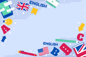 藍色背景上帶有旗幟、筆和對話框的英語學習主題。 — 復古 壁紙
