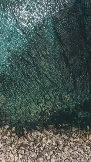 清澈碧綠的海水在岩石海岸上泛起漣漪，陽光閃爍。 — 大理石 壁紙