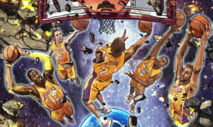 湖人籃球運動員在太空中圍繞一個籃框，地球在下方。 — 科比· Bryant 壁紙