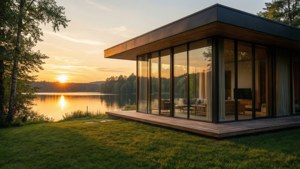 現代玻璃小屋在湖邊甲板上，金色夕陽下室內溫暖照明。 — 房地產 壁紙