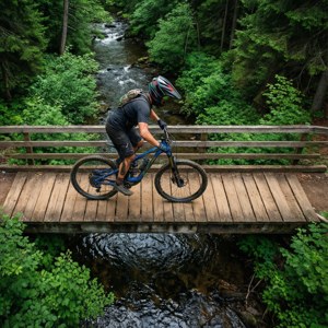 從正上方俯瞰，一輛登山車穿越茂密森林中的木橋。 — 登山車 壁紙