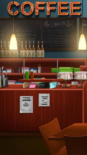 復古咖啡店，配有木製櫃檯和發光的霓虹燈招牌。 — 咖啡美學 壁紙