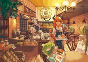 擬人化角色在舒適的磚牆咖啡館用餐，燈光溫暖，有糕點。 — 動漫 壁紙