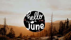 Hello June 文字圖案覆蓋在山脈日落森林場景上 — 藝術 壁紙