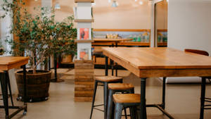 舒適的咖啡館內部，有木桌、凳子和盆栽植物。 — 木紋 壁紙