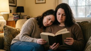 兩位女士在溫暖照明的客廳沙發上一起閱讀一本書。 — 女同志 GIF 壁紙