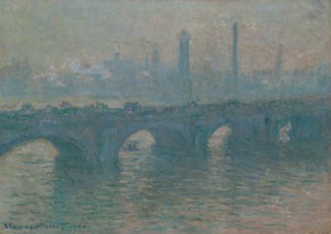 克勞德·莫內的《滑鐵盧橋，陰天》，創作於1900年，油畫布面作品。下載這幅藝術作品作為桌面、平板或手機的高解析度桌布。 — 建築 壁紙