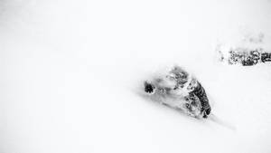 滑雪者在深雪中轉彎，雪花飛濺在周圍。 — 雪景 GIF 壁紙