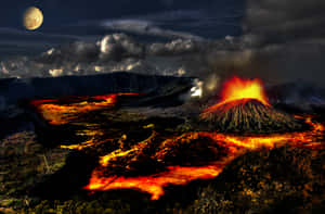 滿月下夜間火山爆發，熔岩流湧出。 — MacBook Air 15 壁紙
