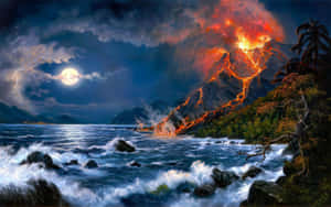 滿月下，熔岩流入海洋的夜間火山爆發。 — 自然 壁紙