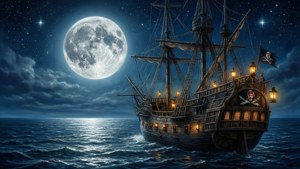 海盜船在滿月下航行，甲板上掛著發光的燈籠。 — 海盜船 GIF 壁紙