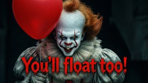 一個帶有紅髮和白臉塗裝的可怕小丑，拿著一個紅色氣球，上面有滴落的紅色文字寫著「你也會漂浮！」 — 小丑潘尼懷斯 壁紙