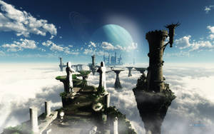 漂浮城堡廢墟和雕像在雲層之上，天空中有藍色行星和環。 — 未來感 GIF 壁紙