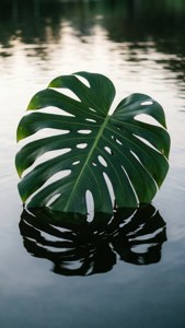一片龜背芋葉漂浮在靜止的水面上，帶有清晰的倒影。 — 龜背芋 壁紙