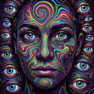 一個色彩繽紛的數位藝術作品，描繪帶有旋轉圖案和多個眼睛的臉孔。 — 瘋狂 壁紙