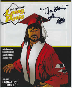 摔角手 Lanny Poffo 穿著畢業服裝，表情憤怒並帶有簽名的漫畫書封面。 — 運動 壁紙