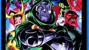 Doctor Doom 穿著綠色斗篷和盔甲，身後有 Loki 和 Red Skull。 — 漫威復仇者聯盟 壁紙