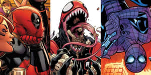 Deadpool Venom 和 Spider-Man 漫畫風格動作場景 — 死侍 壁紙