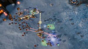 未來戰艦在冰凍戰場上發射能量光束。 — 電玩遊戲 GIF 壁紙