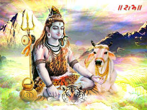 濕婆與南迪公牛和老虎在神聖的山景中冥想 — Maa Durga 壁紙