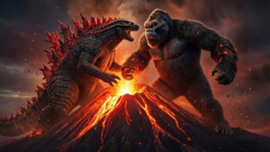 哥吉拉與金剛在熔岩噴發的火山頂上戰鬥。 — 哥吉拉大戰金剛 壁紙