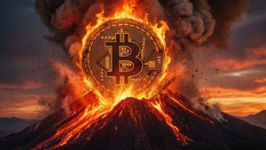 日落時分，一枚發光的比特幣硬幣從火山中噴發。 — 16:9 壁紙