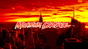 日落時分的城市天際線，帶有粗體紅色文字寫著Maximum Carnage。 — 蜘蛛人 壁紙