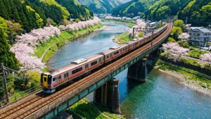 火車穿過一座橋，橋下是河流，櫻花盛開。 — 16:9 壁紙