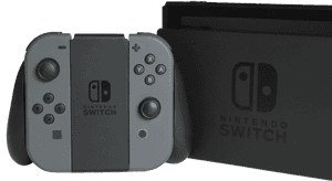 灰色Nintendo Switch主機及控制器在黑色背景上