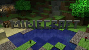 由方塊組成的Minecraft標誌，位於像素化遊戲世界的池塘旁邊。 — 電玩遊戲 GIF 壁紙