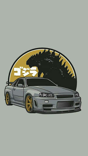 灰色日產Skyline R34配金色輪圈，位於哥吉拉標誌下方。 — JDM風格 壁紙
