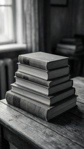 窗邊木桌上的一堆舊書 — 灰色美學動圖 壁紙