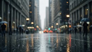 撐傘的行人在黃昏的城市街道上冒雨行走，伴有光線反射。 — 灰色美學動圖 壁紙