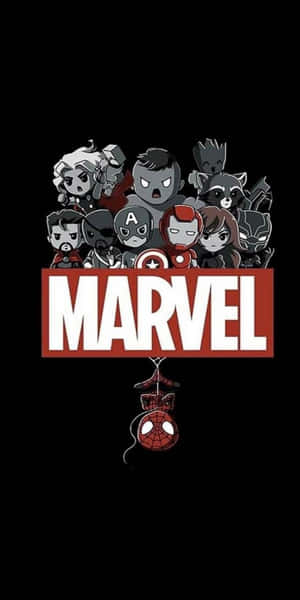 Chibi Marvel角色聚集在紅色Marvel標誌周圍，懸掛著蜘蛛人面具。 — 漫威復仇者聯盟 壁紙